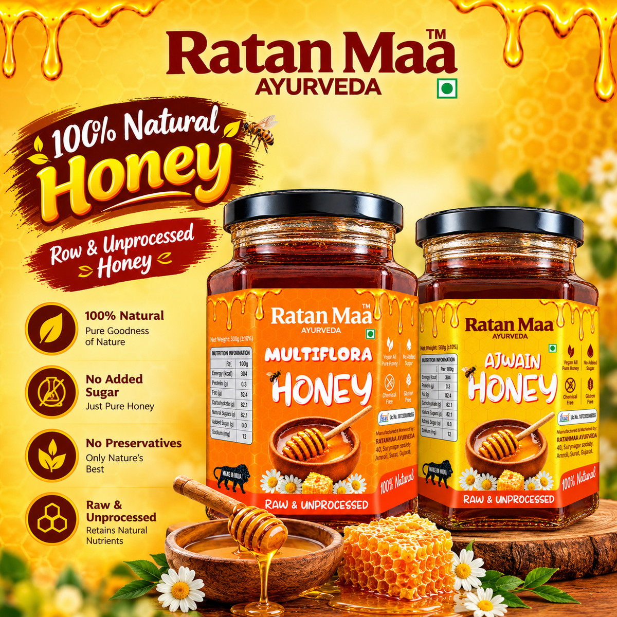 Ratanmaa Ayurveda Multiflora Honey and Ajwain Honey jars side by side with honeycomb and a honey bowl