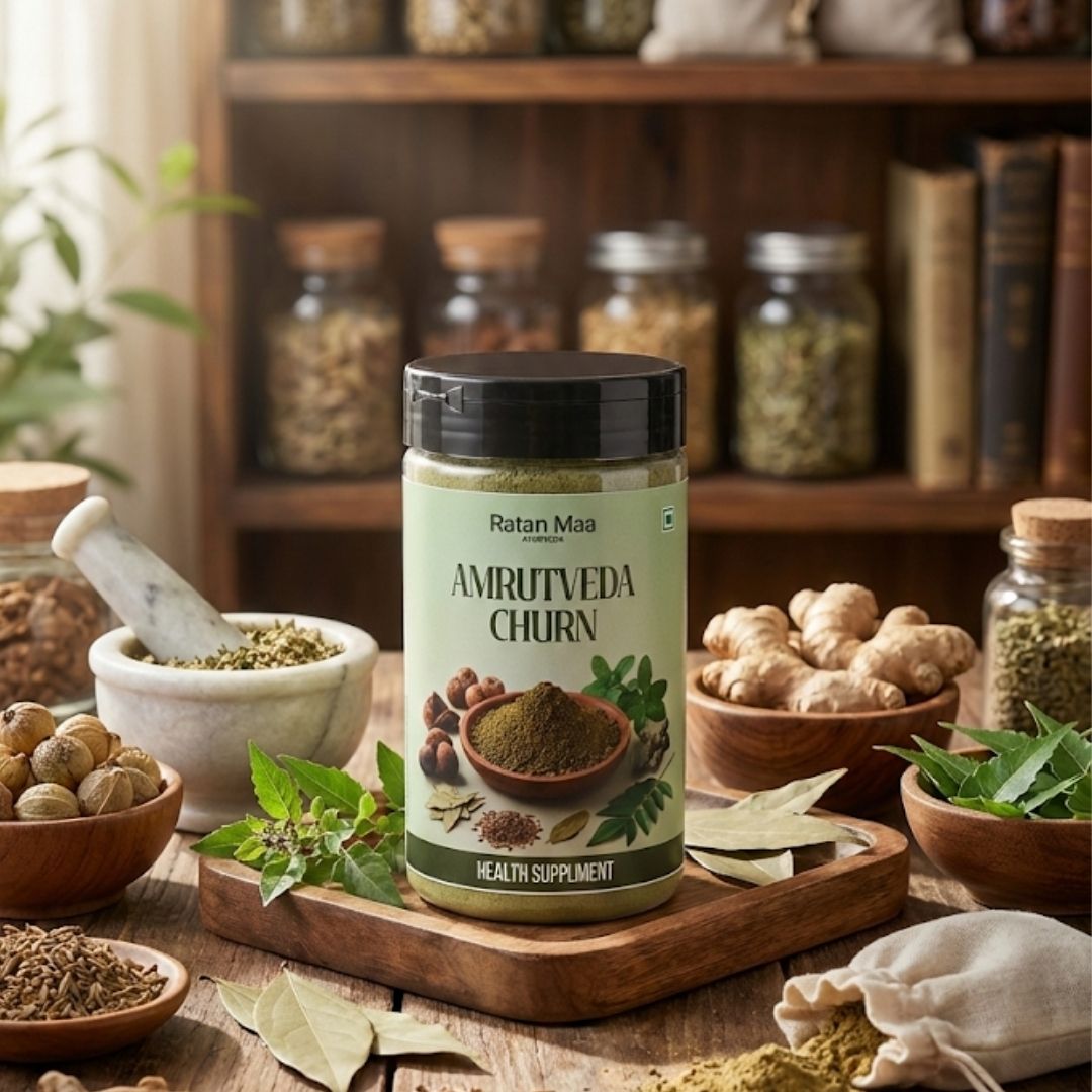 Ratanmaa Ayurveda Amrutveda Churna jar on a wooden tray with herbs, ginger, mortar and spice jars