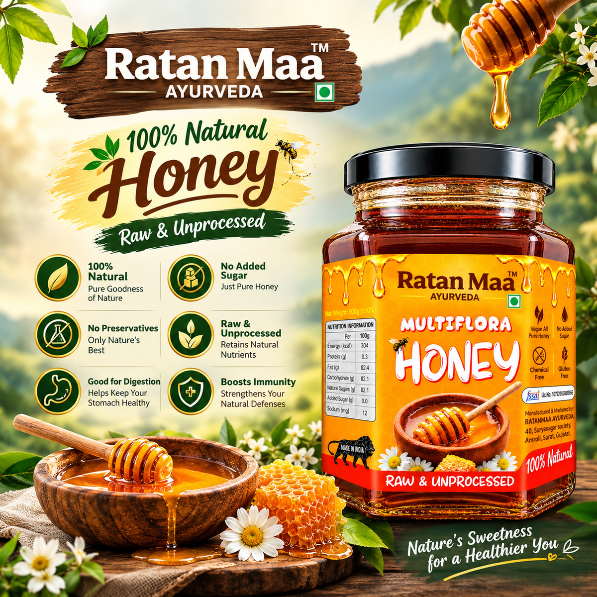 Ratanmaa Ayurveda Raw & Unprocessed Multiflora Honey jar with honey bowl and honeycomb in an infographic