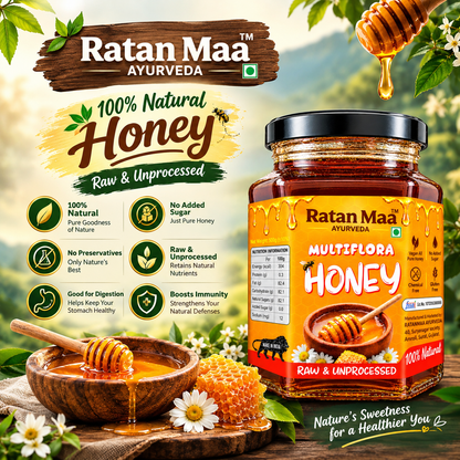 Ratanmaa Ayurveda Raw & Unprocessed Multiflora Honey jar with honey bowl and honeycomb in an infographic