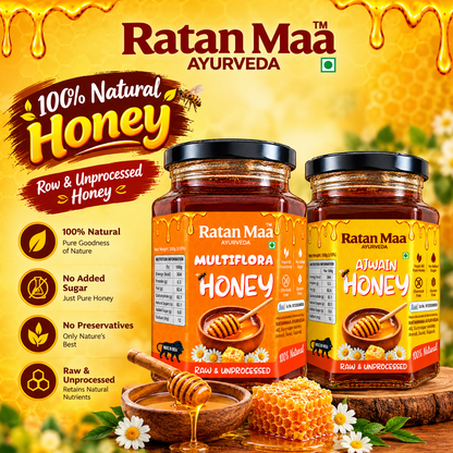 Ratanmaa Ayurveda Multiflora Honey and Ajwain Honey jars side by side with honeycomb and a honey bowl