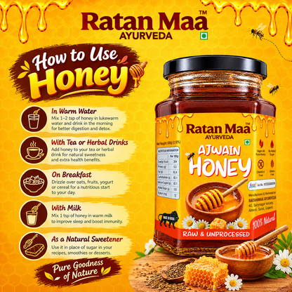 How-to-use infographic for Ratanmaa Ayurveda Ajwain Honey with warm water, tea, breakfast, milk and sweetener ideas