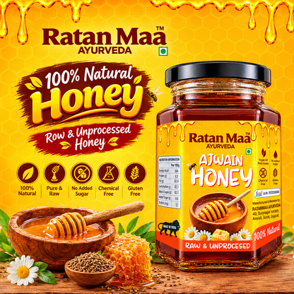 Ratanmaa Ayurveda Ajwain Honey jar with a honey dipper bowl, honeycomb and ajwain seeds on a yellow background
