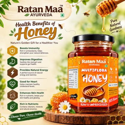Infographic of Ratanmaa Ayurveda Multiflora Honey with the jar on a wooden stand beside honeycomb and daisies