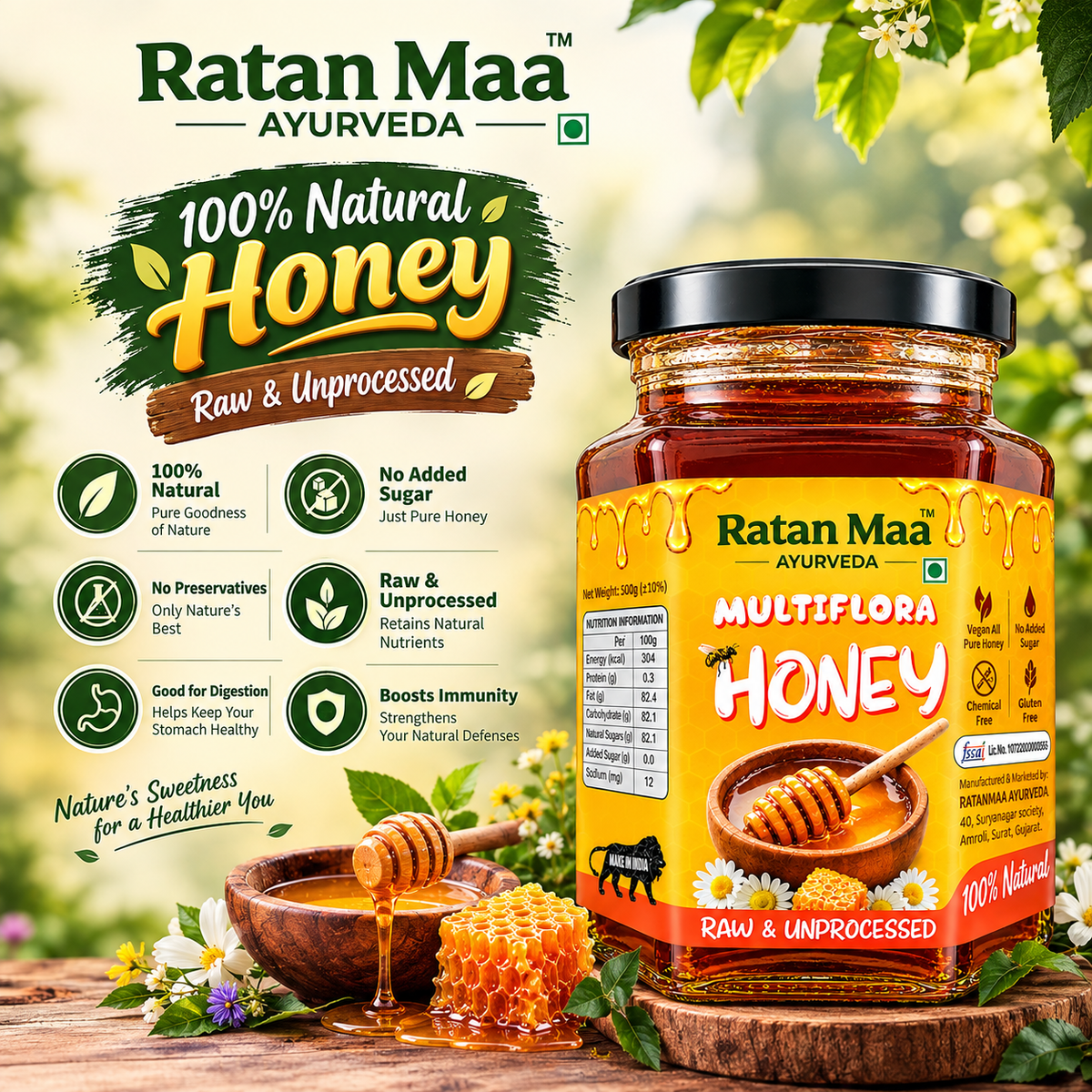 Ratanmaa Ayurveda Multiflora Honey jar in a Raw & Unprocessed infographic with honey bowl and honeycomb