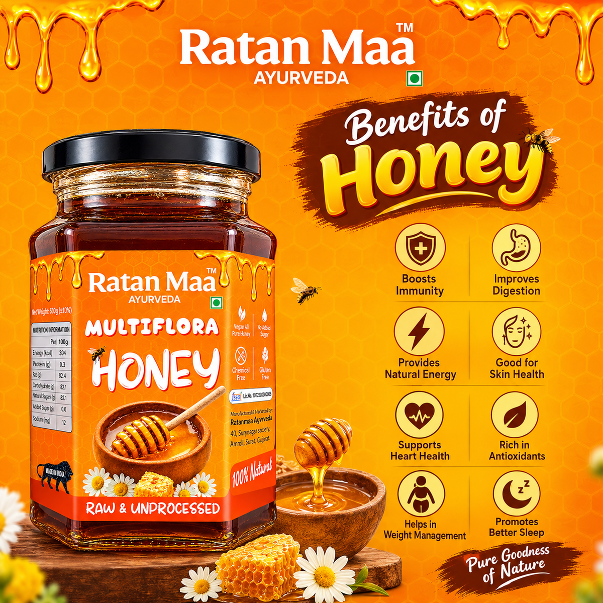 Infographic of Ratanmaa Ayurveda Multiflora Honey with the jar, honey bowl, honeycomb and daisies