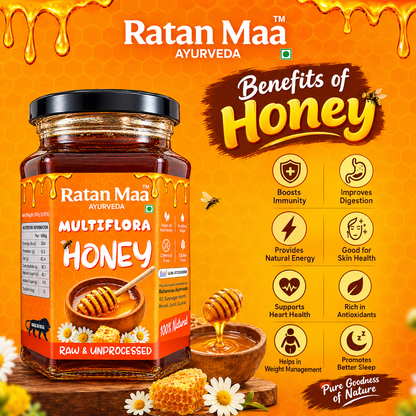 Infographic of Ratanmaa Ayurveda Multiflora Honey with the jar, honey bowl, honeycomb and daisies