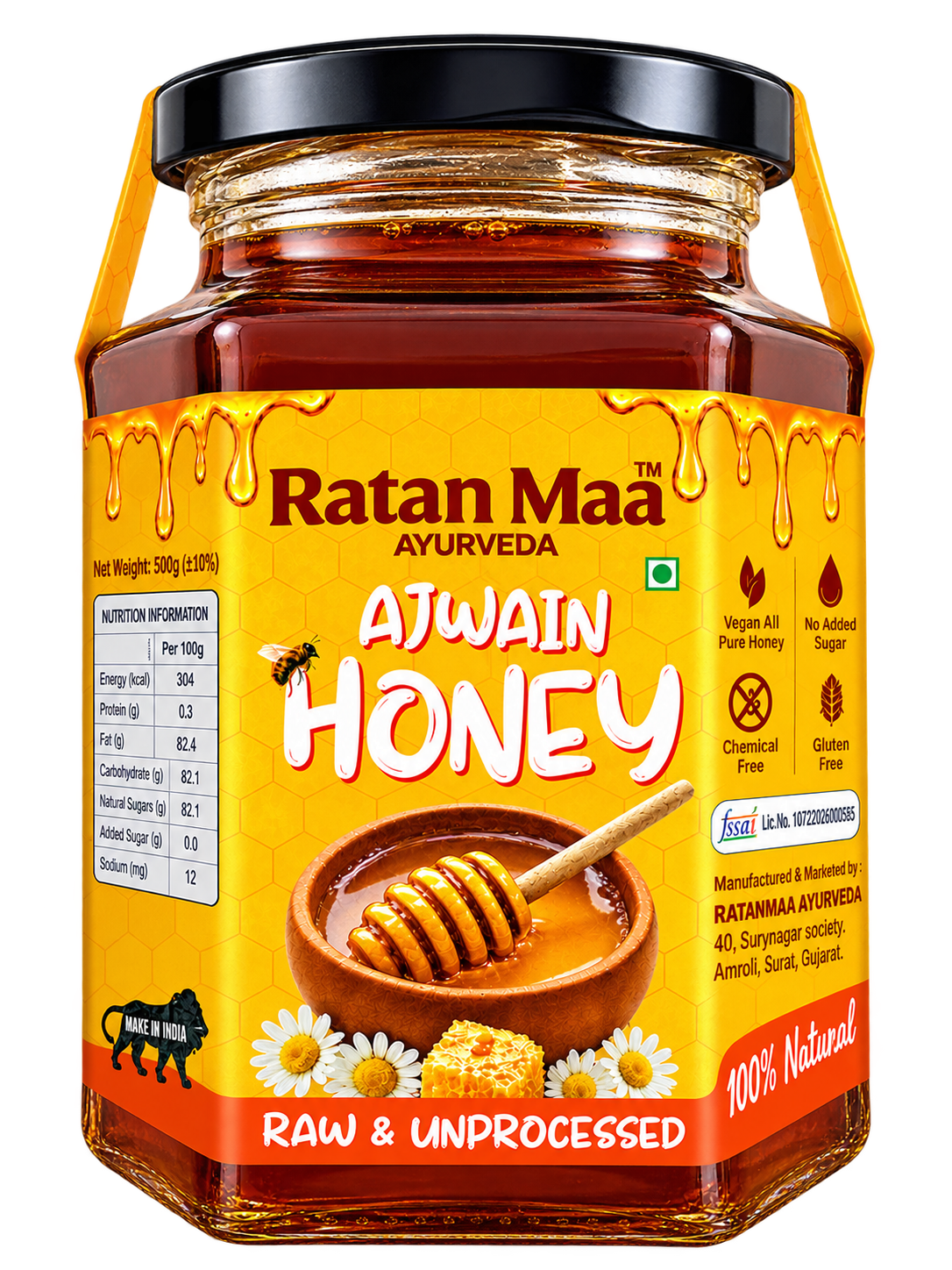 Ratanmaa Ayurveda Raw & Unprocessed Ajwain Honey 500 g hexagonal glass jar, front view with label