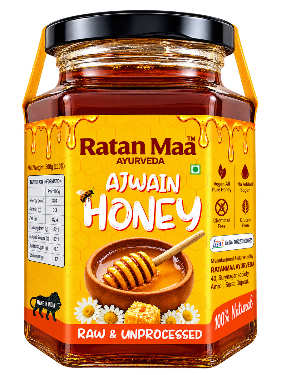 Ratanmaa Ayurveda Raw & Unprocessed Ajwain Honey 500 g hexagonal glass jar, front view with label