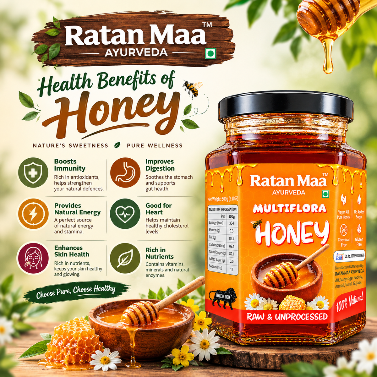 Infographic of Ratanmaa Ayurveda Multiflora Honey with honey jar, dipper in a wooden bowl and honeycomb