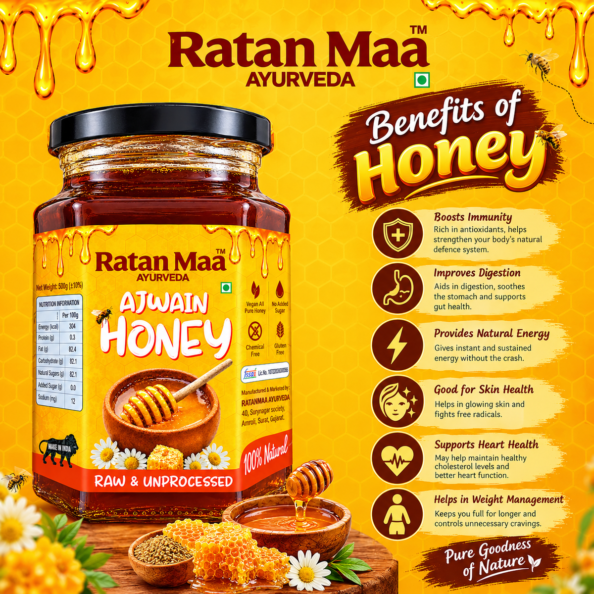 Infographic of Ratanmaa Ayurveda Ajwain Honey jar with honeycomb, ajwain seeds and daisies