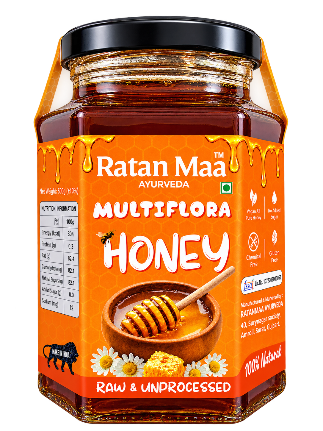 Ratanmaa Ayurveda Raw & Unprocessed Multiflora Honey 500 g hexagonal glass jar with orange label, front view