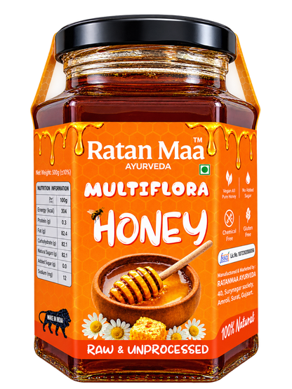 Ratanmaa Ayurveda Raw & Unprocessed Multiflora Honey 500 g hexagonal glass jar with orange label, front view