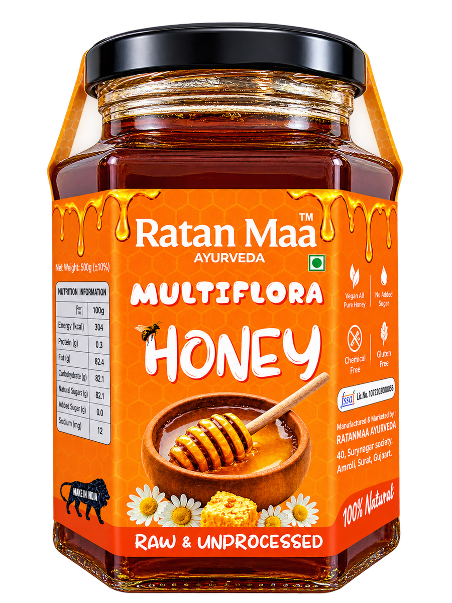 Ratanmaa Ayurveda Raw & Unprocessed Multiflora Honey 500 g hexagonal glass jar with orange label, front view